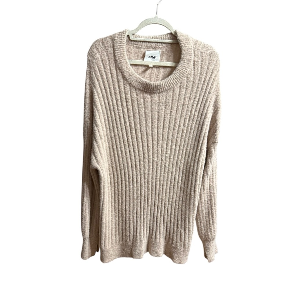 Aerie Small Light Pink Long Sleeve Oversized Ribbed Fuzzy Soft Womens Sweater